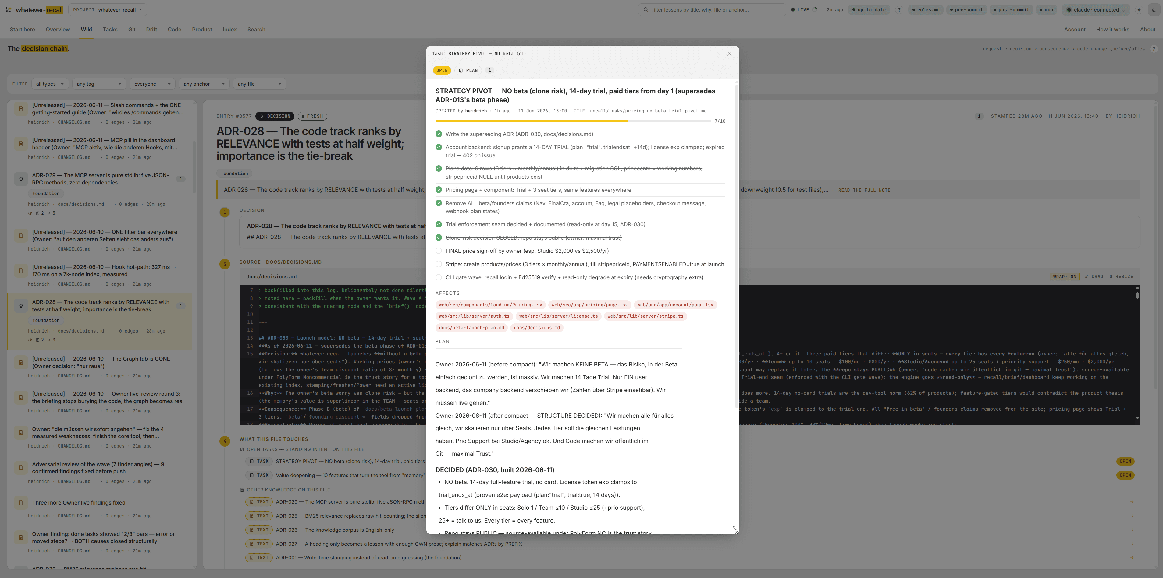 Causal chains, walkable. — the Wiki tab of the recall dashboard (view 2 of 3)