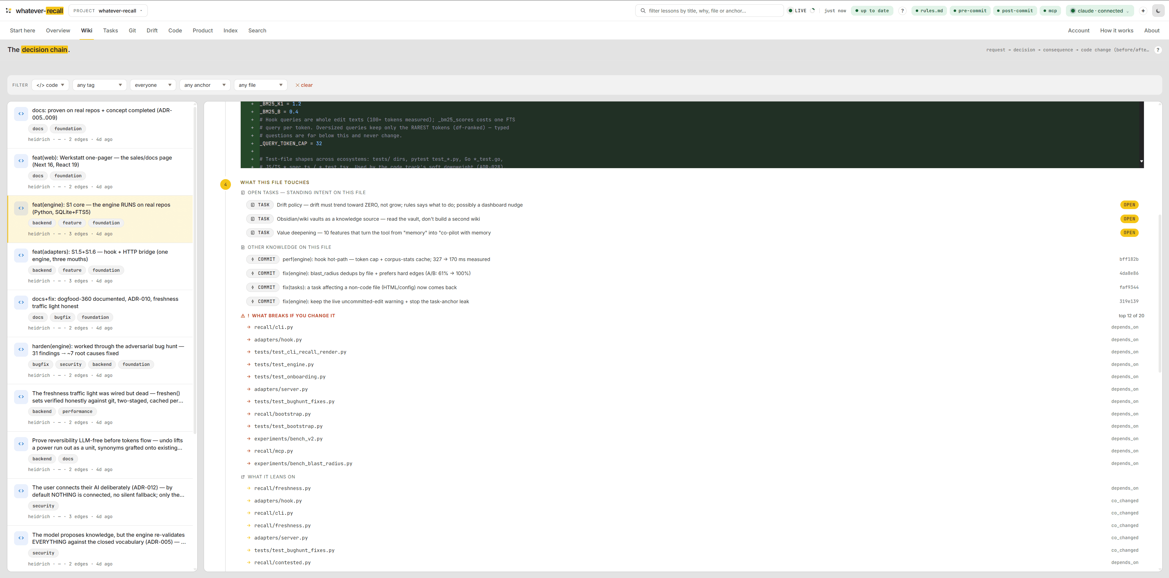 Causal chains, walkable. — the Wiki tab of the recall dashboard (view 3 of 3)