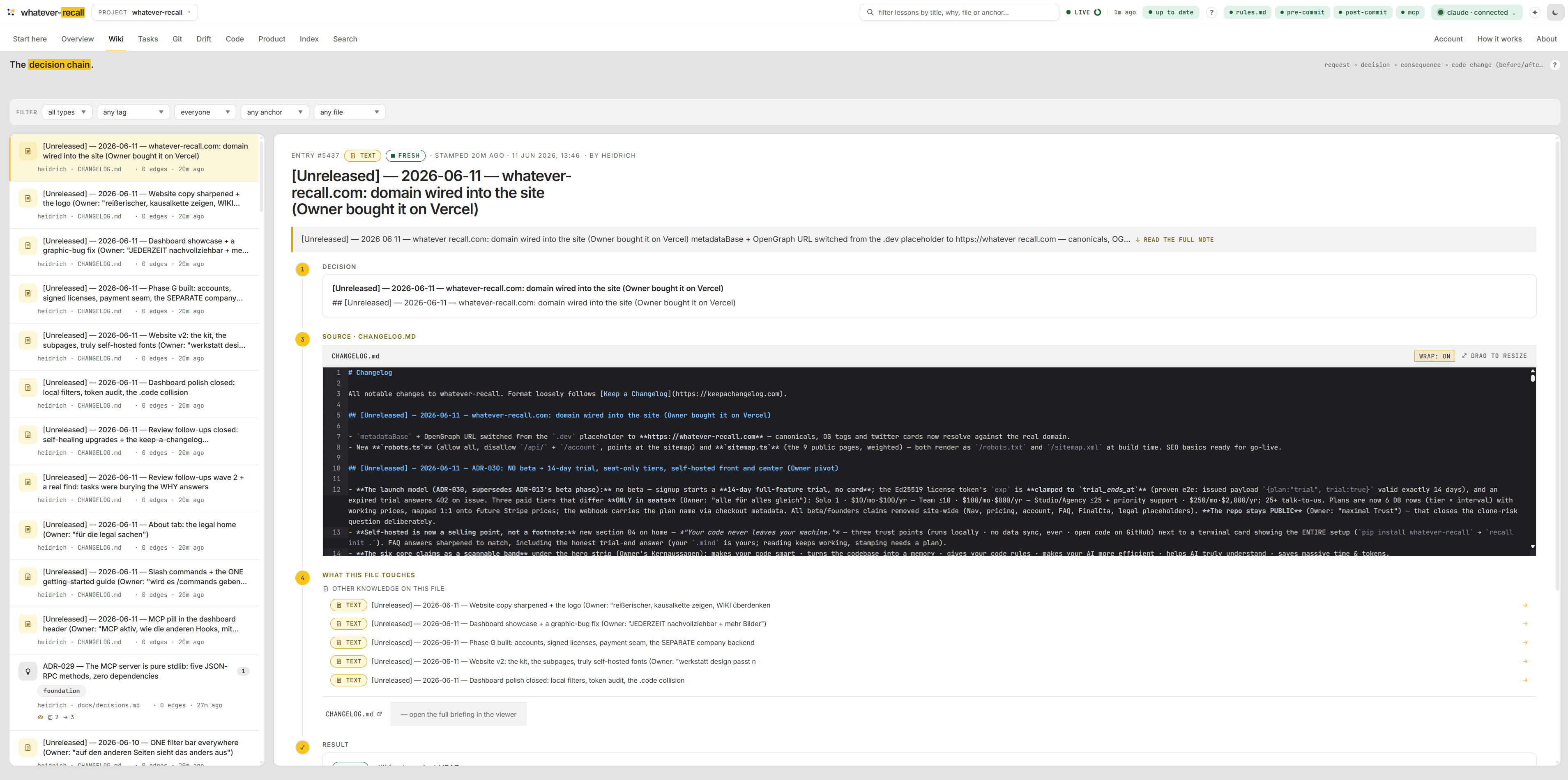 Causal chains, walkable. — the Wiki tab of the recall dashboard (view 1 of 3)