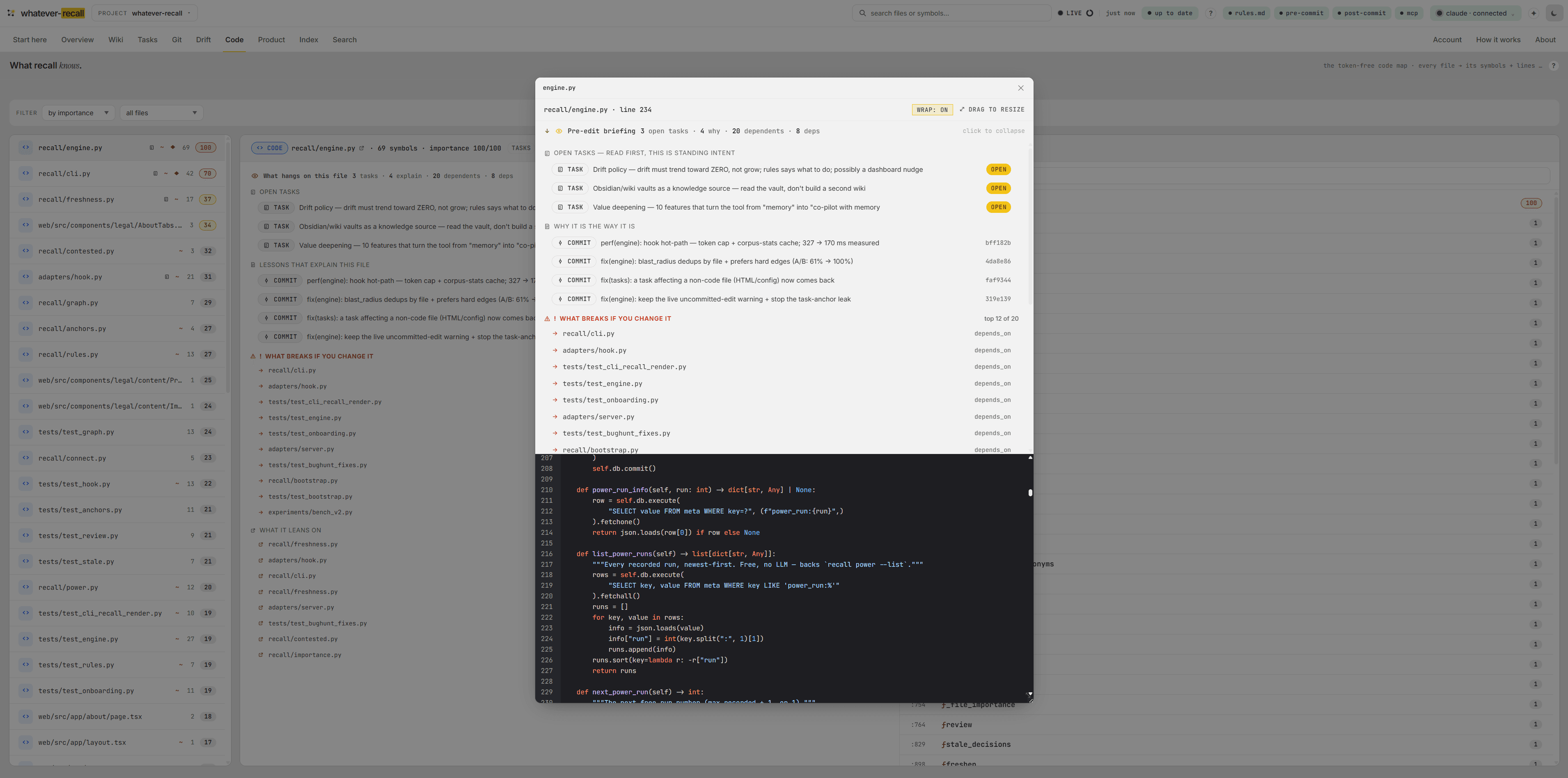 The wiring in your code. — the Code tab of the recall dashboard (view 2 of 3)