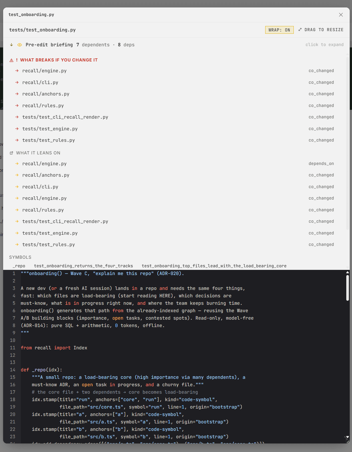 The wiring in your code. — the Code tab of the recall dashboard (view 3 of 3)