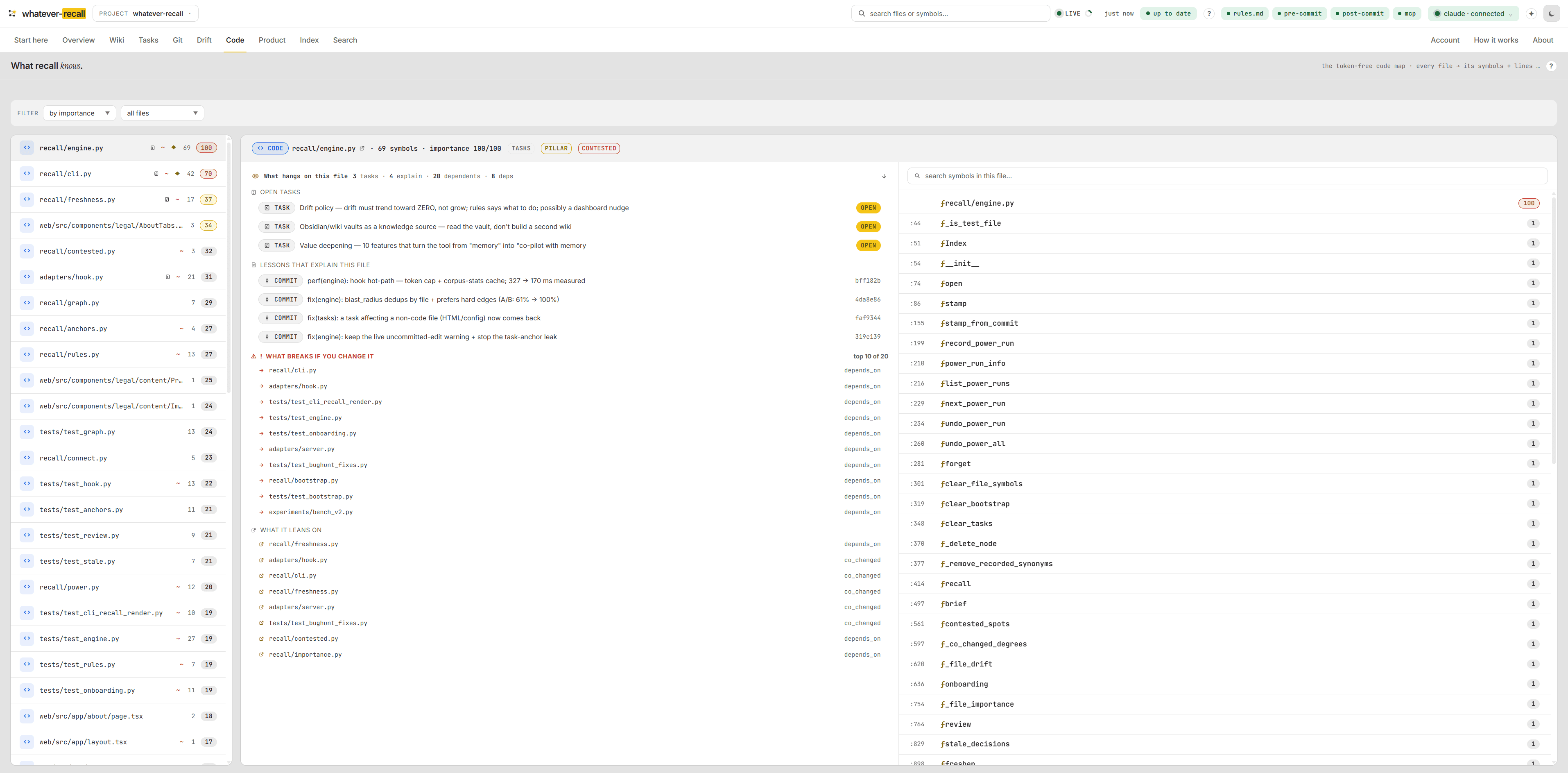 The wiring in your code. — the Code tab of the recall dashboard (view 1 of 3)