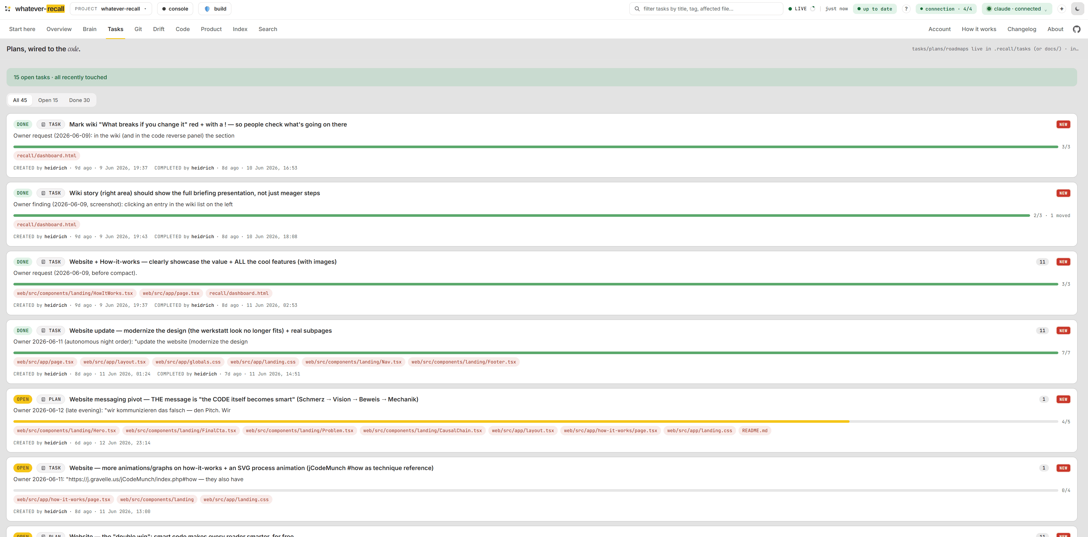 Plans & tasks, wired to the code. — the Tasks view of the recall dashboard (screen 10 of 15)