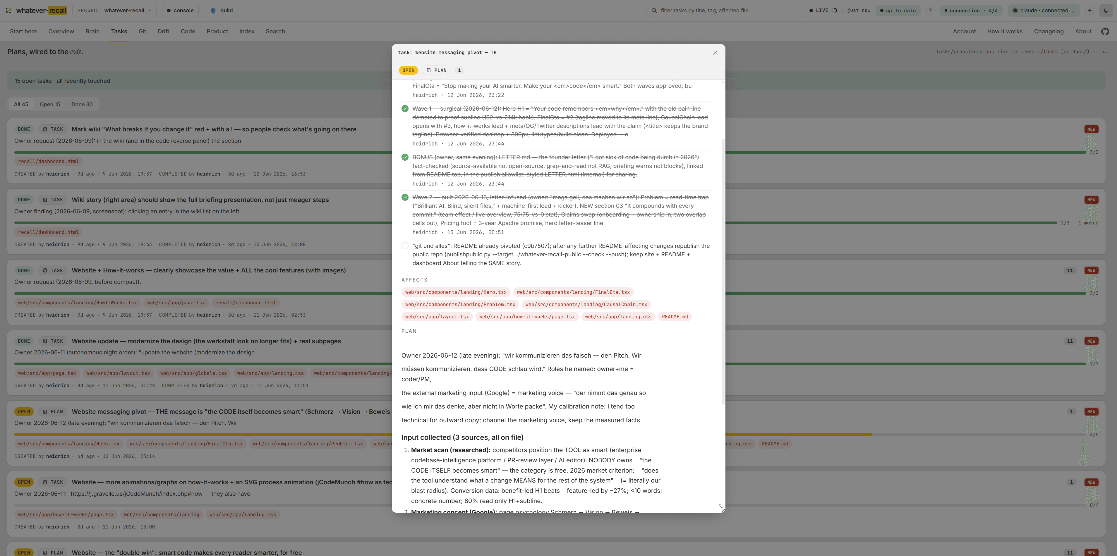 Open a task, see the whole intent. — the Tasks view of the recall dashboard (screen 11 of 15)