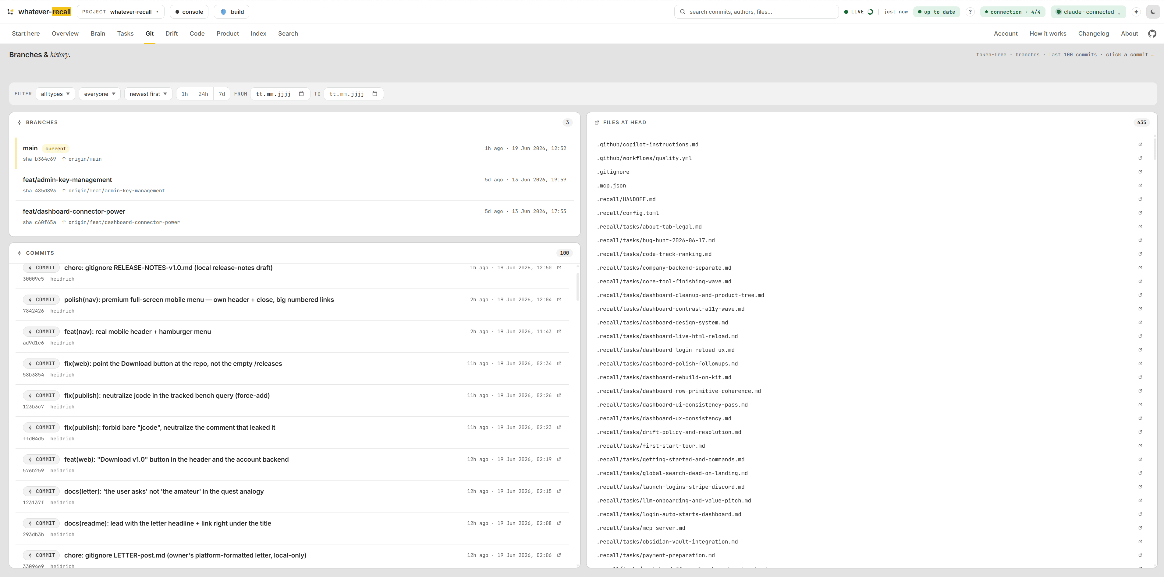 Branches & history, read as memory. — the Git view of the recall dashboard (screen 12 of 15)