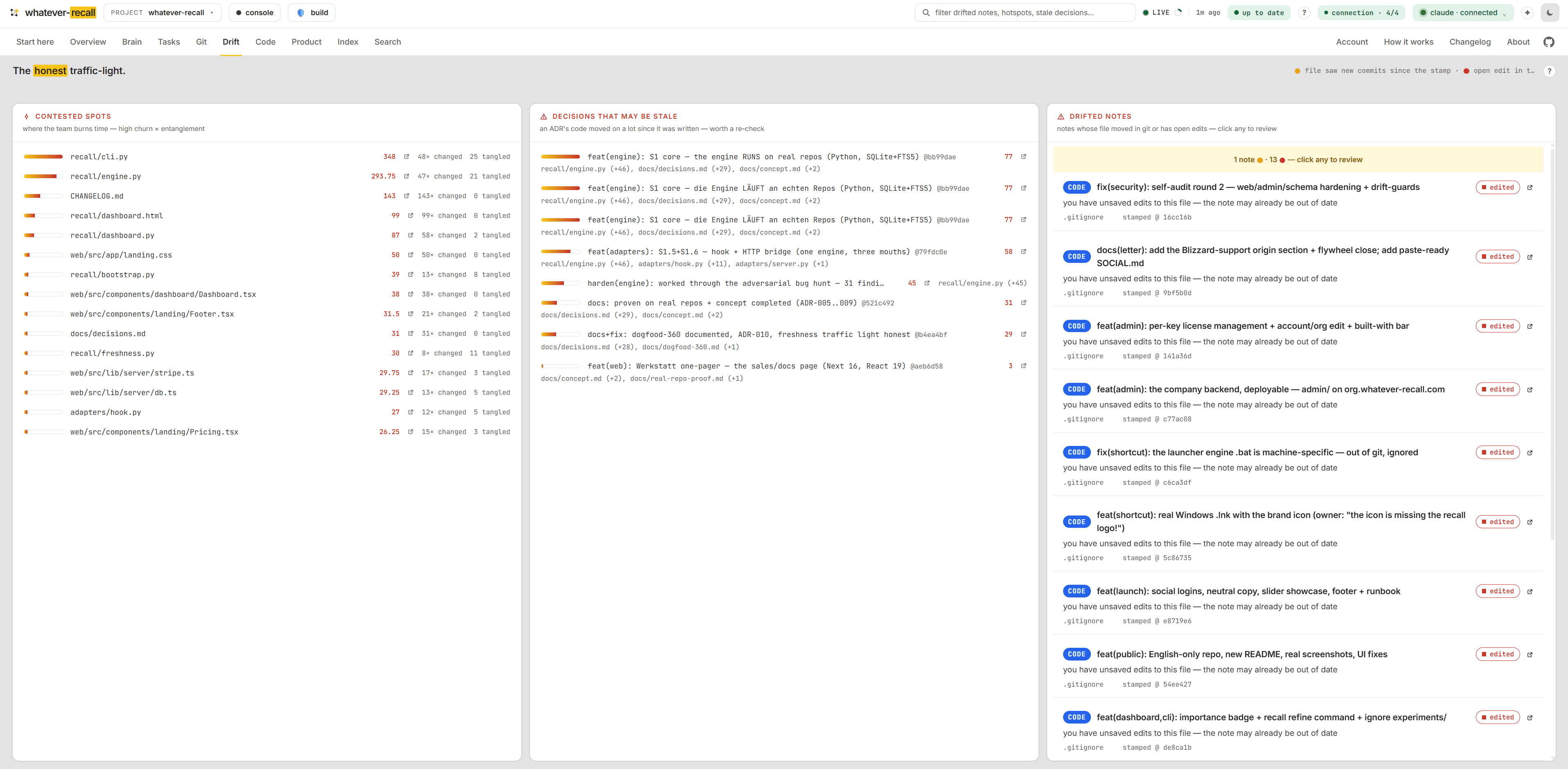 The drift traffic-light. — the Drift view of the recall dashboard (screen 13 of 15)
