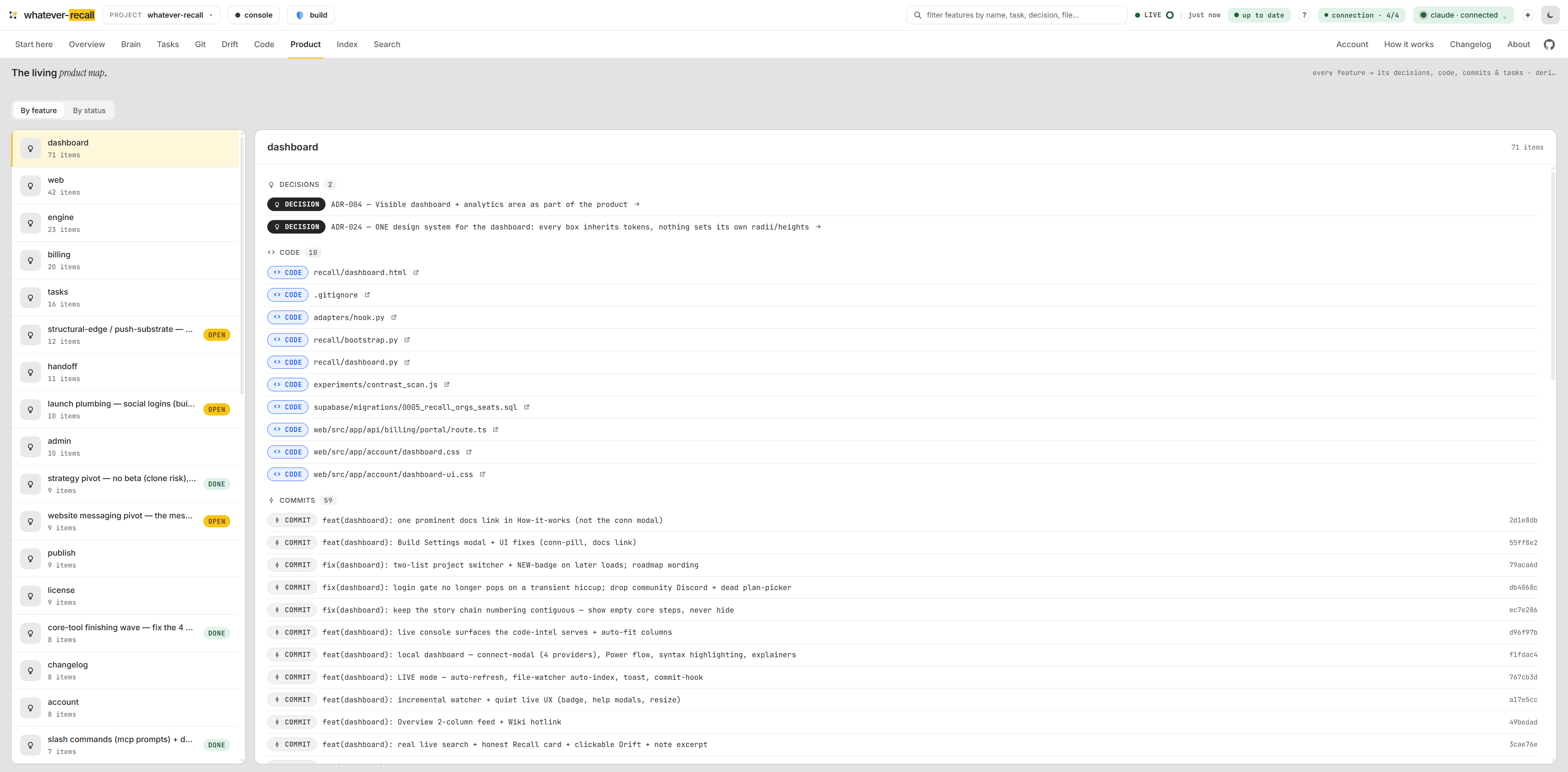 The living product map. — the Product view of the recall dashboard (screen 15 of 15)