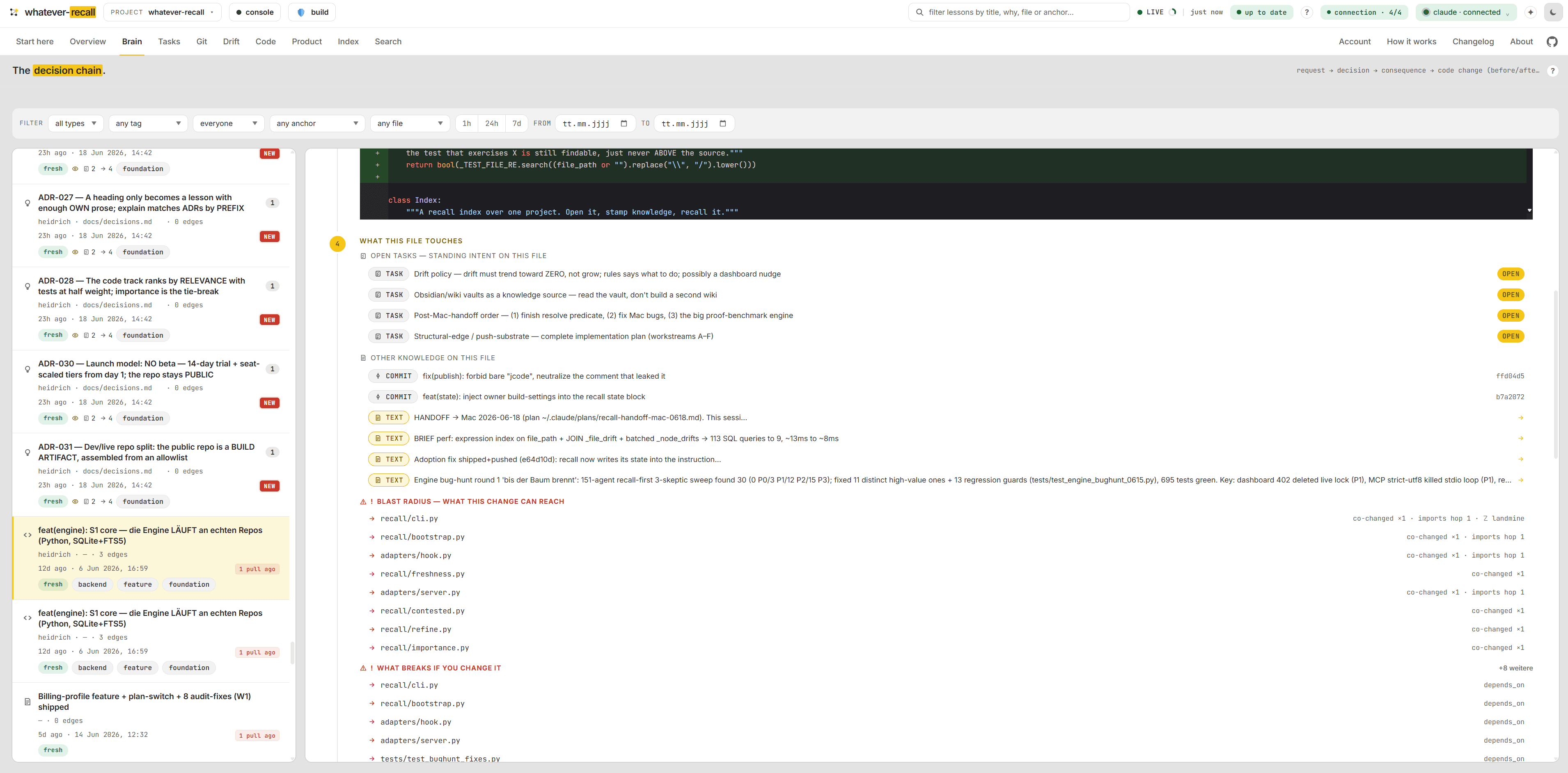 What breaks if you touch it. — the Brain view of the recall dashboard (screen 3 of 15)