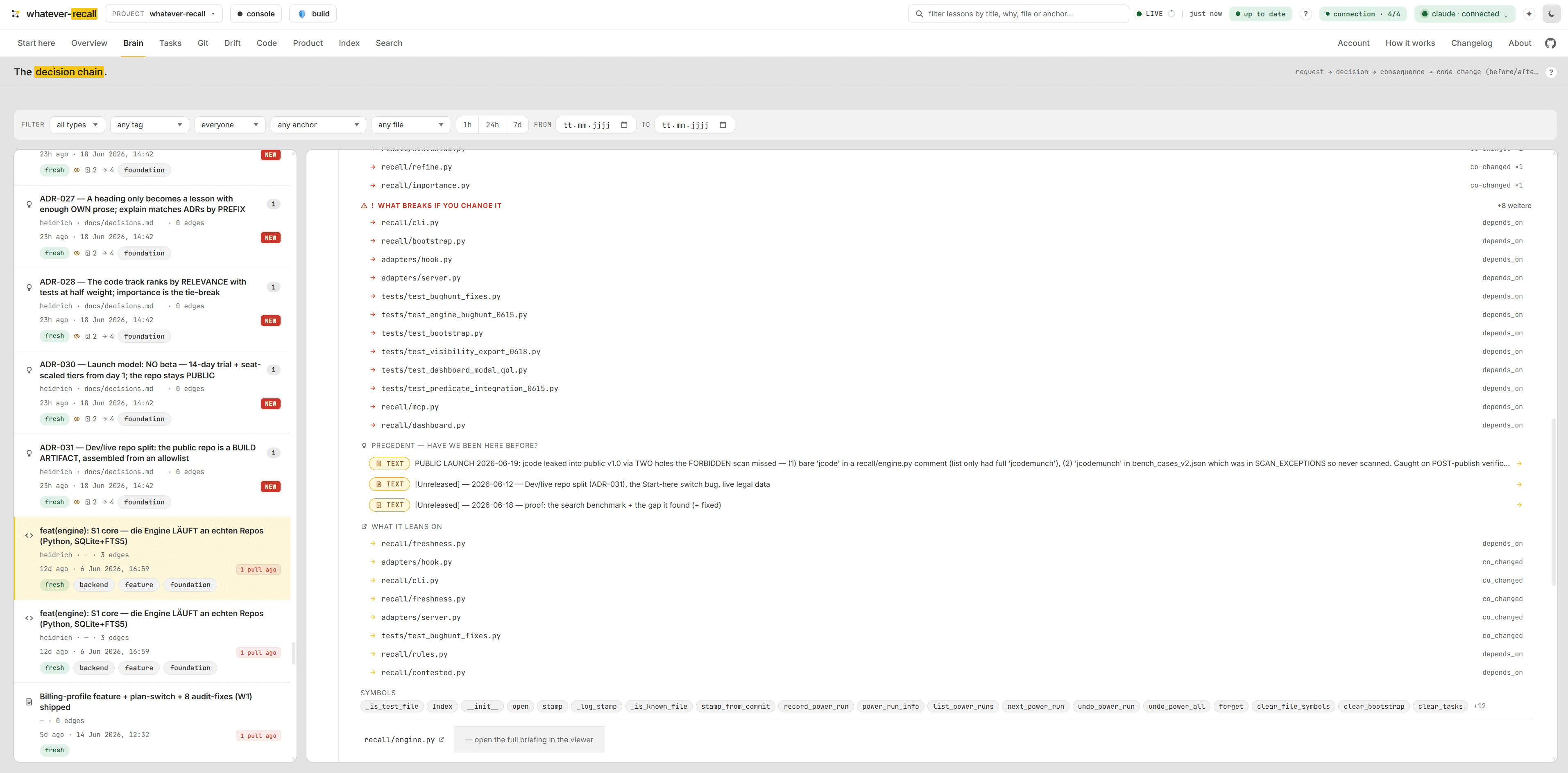 The full file briefing — what, why, what breaks. — the Brain view of the recall dashboard (screen 4 of 15)