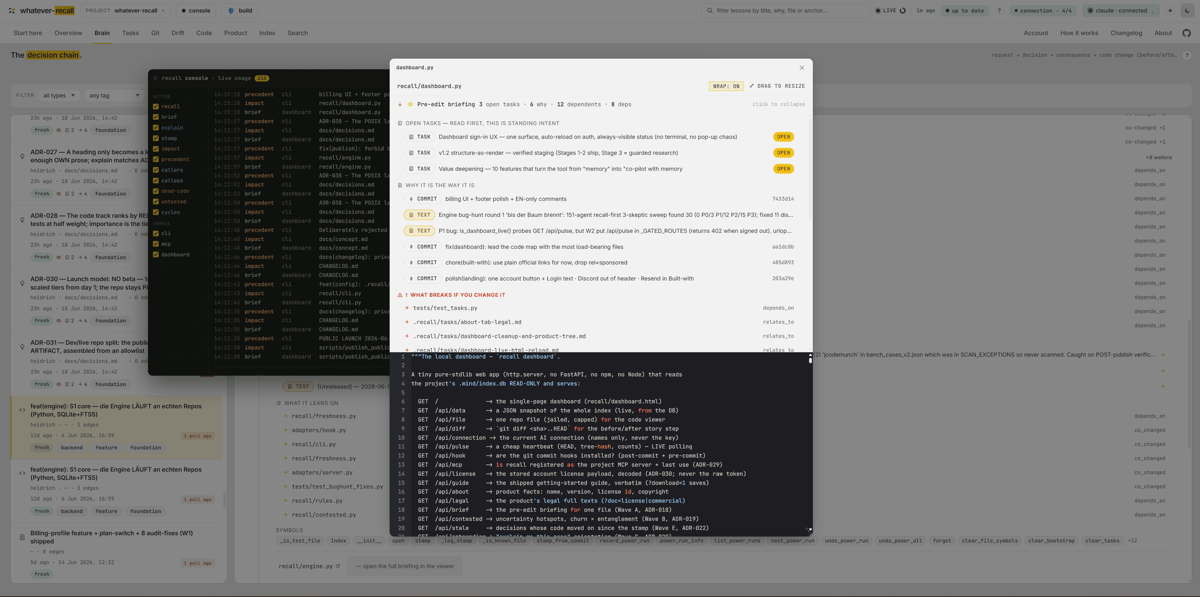 Read the code with its memory attached. — the Brain view of the recall dashboard (screen 6 of 15)