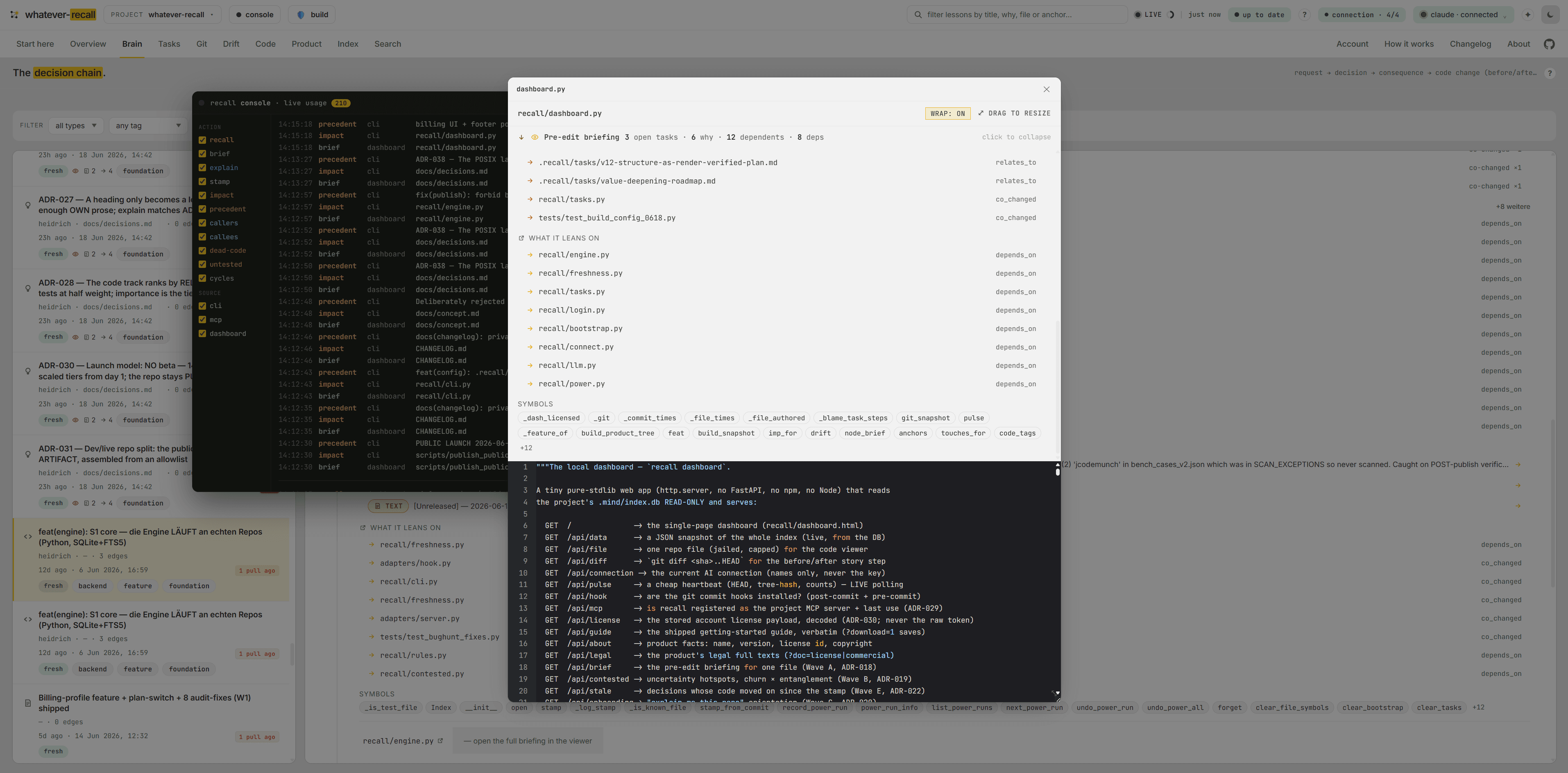 The pre-edit briefing for any file. — the Brain view of the recall dashboard (screen 7 of 15)