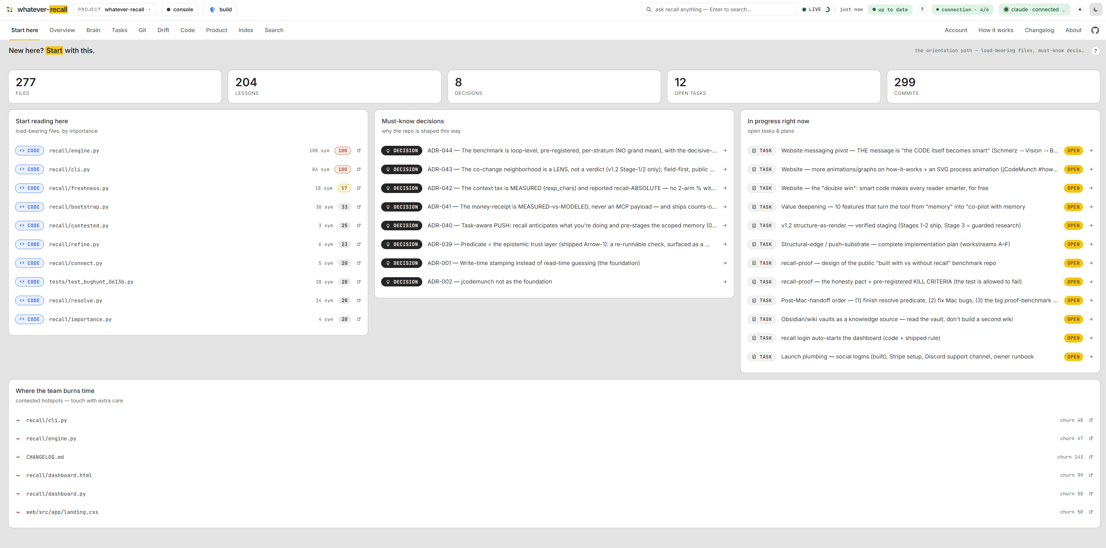 Onboard anyone — human or AI — in one view. — the Start here view of the recall dashboard (screen 8 of 15)