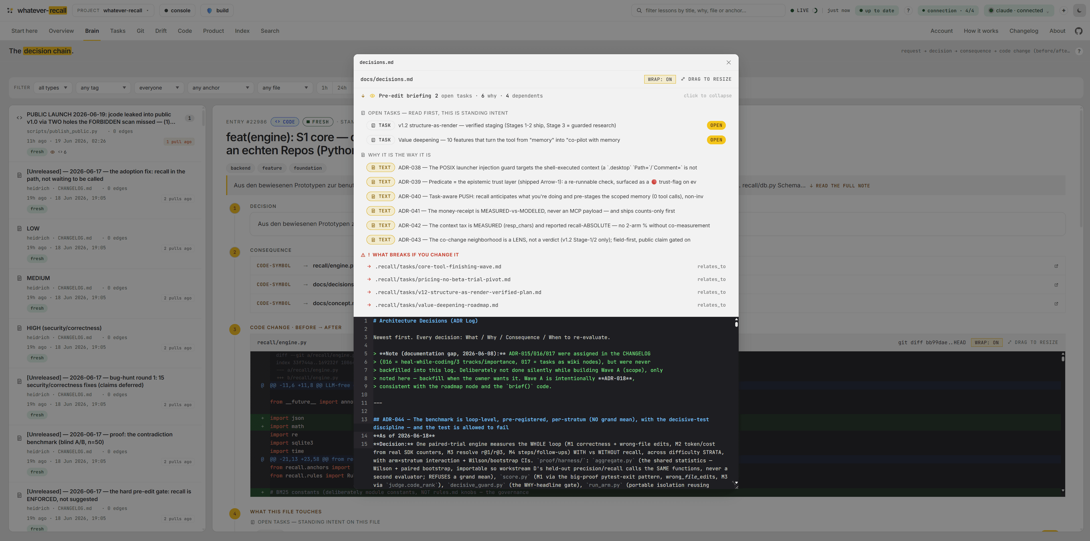 Walk the chain back to the source. — the Brain view of the recall dashboard (screen 9 of 15)
