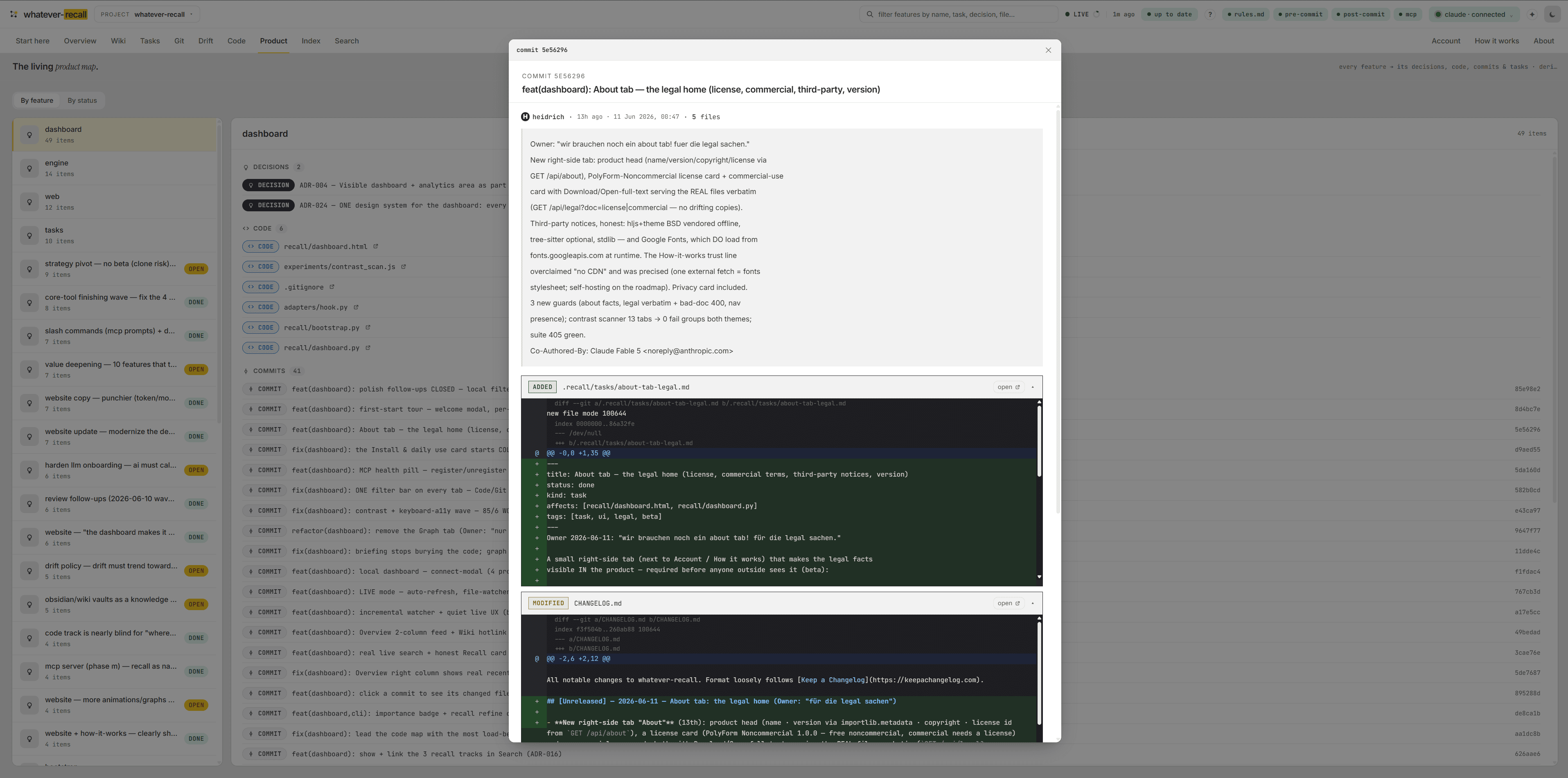Every decision, in one place. — the Product tab of the recall dashboard (view 2 of 2)