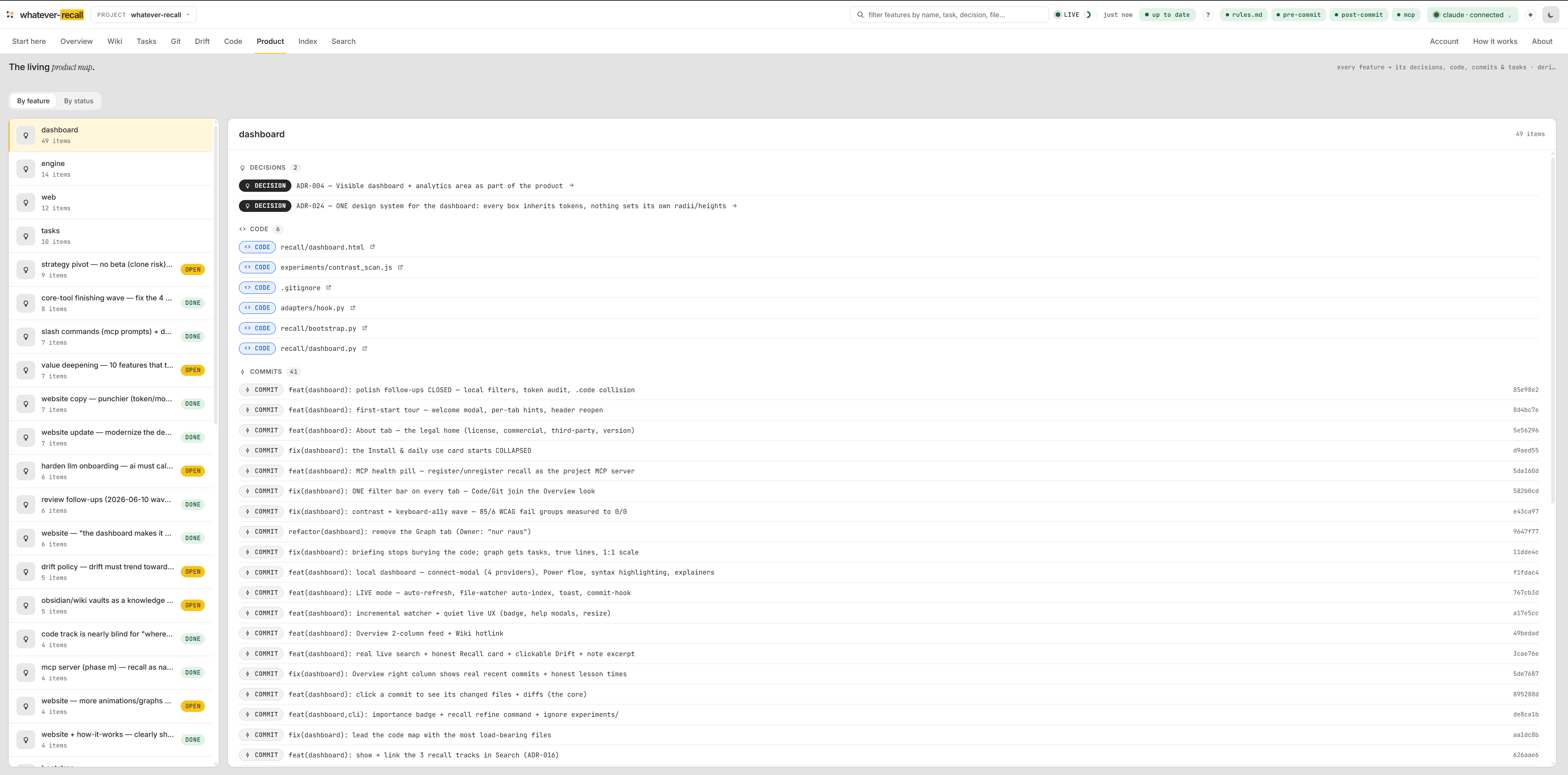 Every decision, in one place. — the Product tab of the recall dashboard (view 1 of 2)