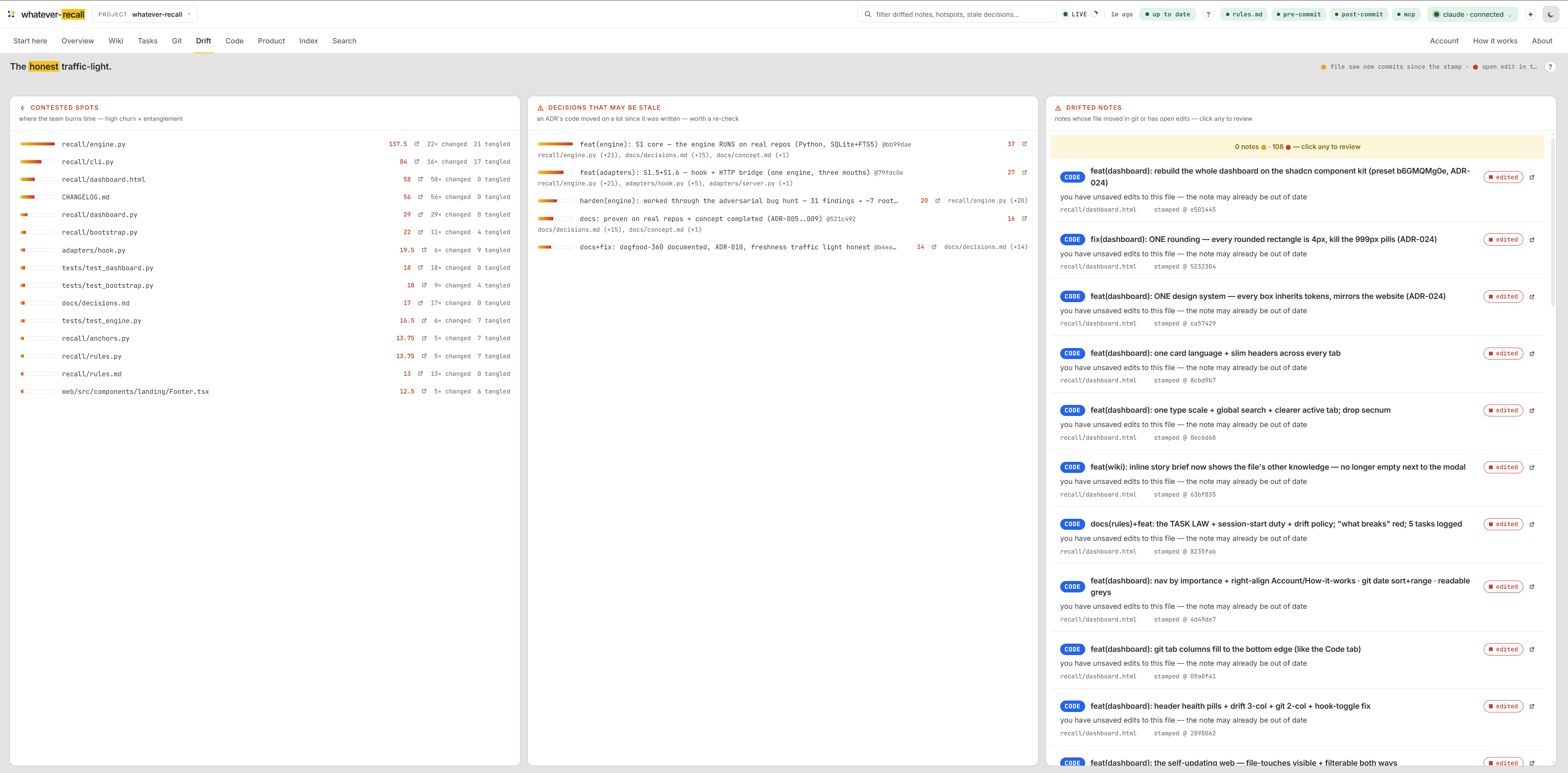 The drift traffic-light. — the Drift tab of the recall dashboard (view 1 of 1)
