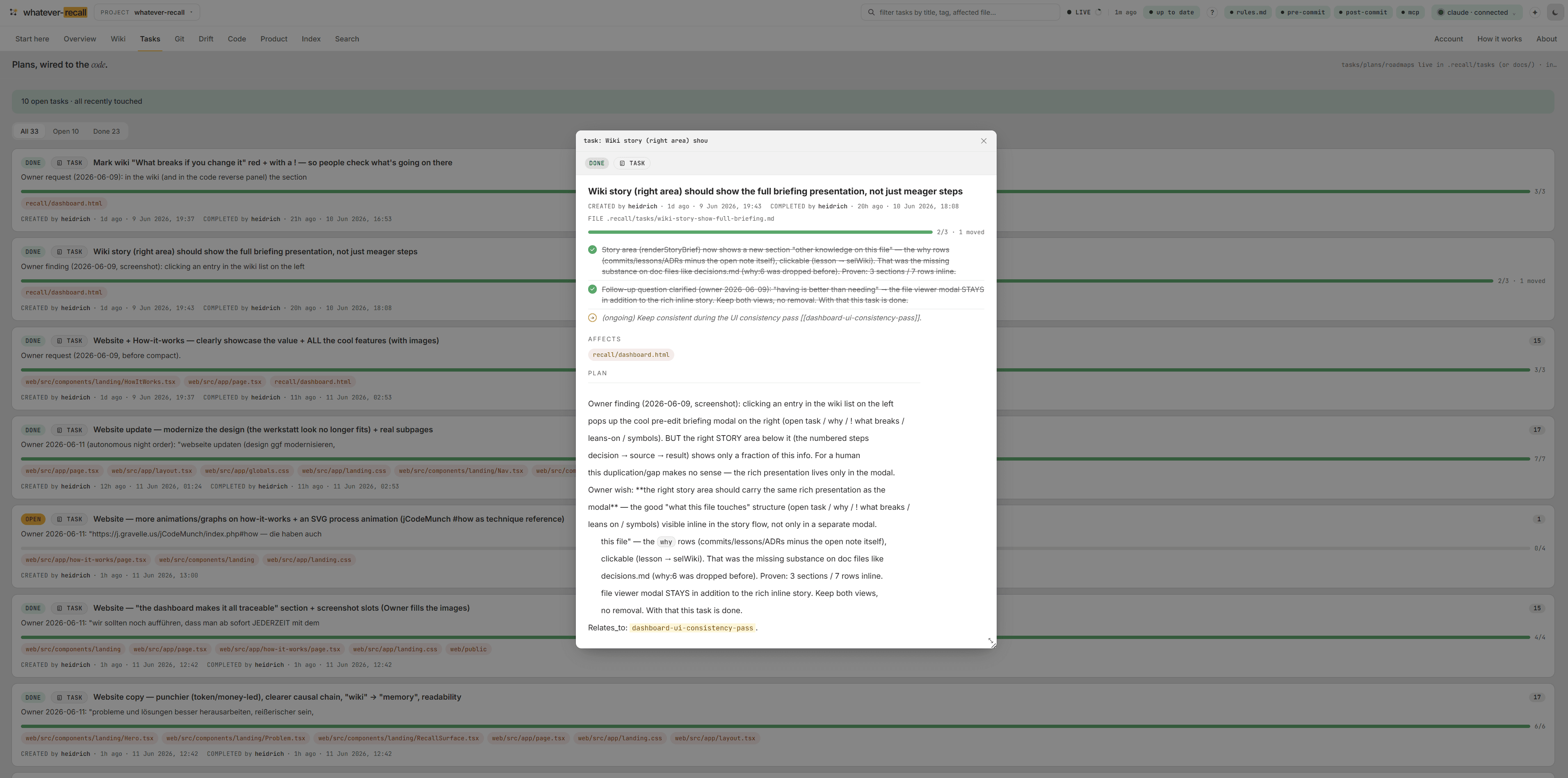 Plans & tasks, wired to the code. — the Tasks tab of the recall dashboard (view 2 of 2)