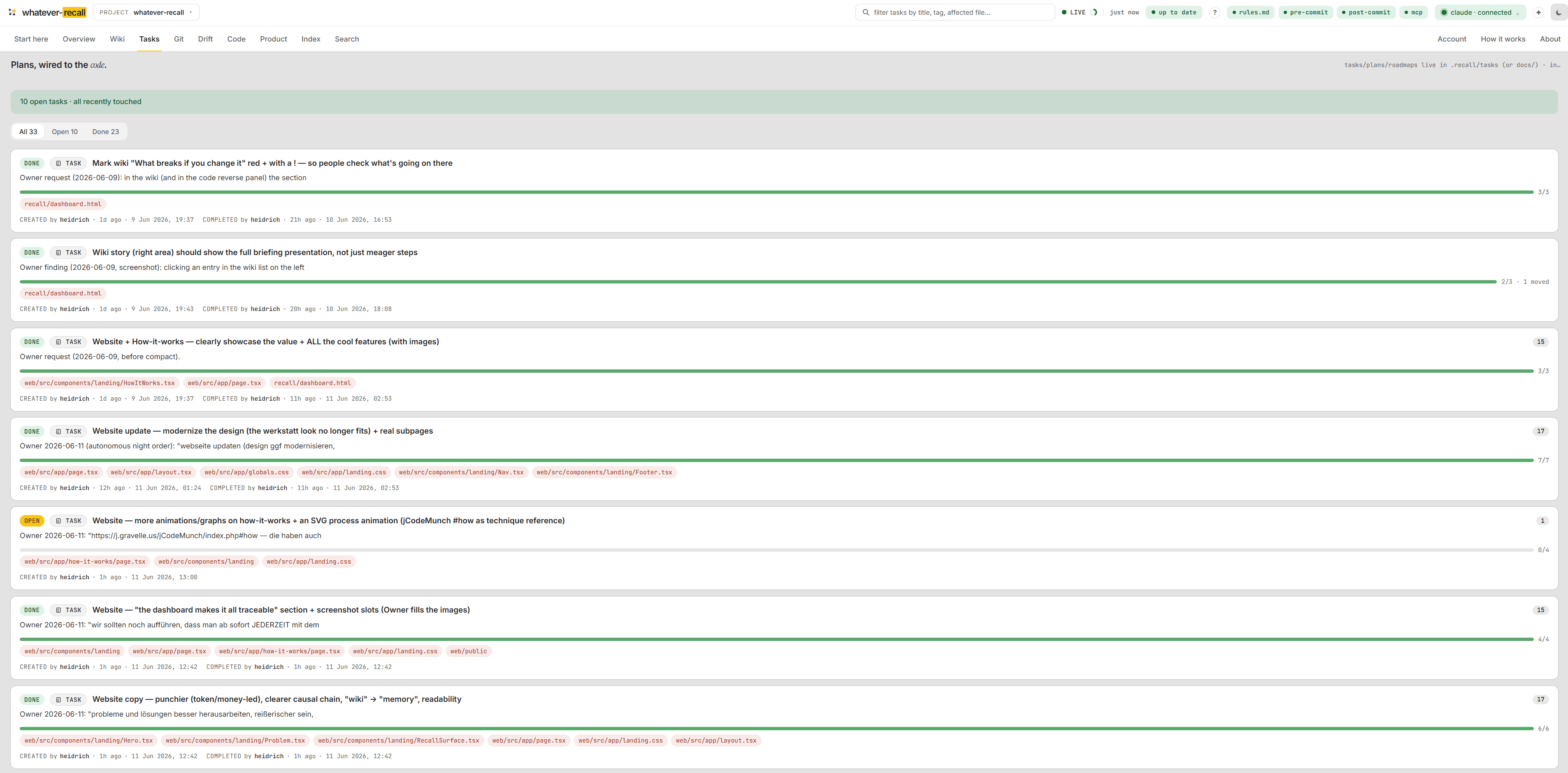 Plans & tasks, wired to the code. — the Tasks tab of the recall dashboard (view 1 of 2)